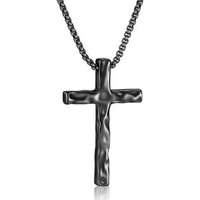 Easter Basket Stuffers- Cross Necklace for Men- Hammered Cross Pendant with Box Chain Vintage Unique Crucifix Necklaces for Men, Mens 18-24 Inches Chain Cross Necklace Christian Religious Christmas in Saudi Arabia