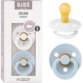 BIBS Pacifiers Colour Collection | Natural Rubber Baby Pacifier | Set of 2 BPA-Free Soothers | Made in Denmark | 0+ Months (Pack of 2) | Baby Blue/White in Kuwait