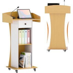 Mobile Wooden Podium Stand with Metal Wheels, Portable Pulpit with Drawer and Storage Cabinet, Built-in Cable Hole Lectern for Office Classroom Lecture Restaurant Church (Brown White) in Kuwait