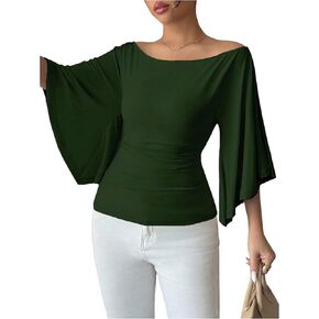 OYOANGLE Women's Bell Sleeve Tops Off The Shoulder T Shirts Slim Fitted Dressy Casual Blouses in Kuwait