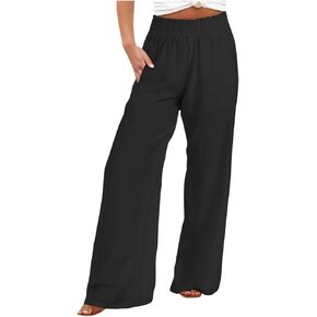 Wide Leg Linen Pants for Women Flowy Palazzo Elastic Waist Trousers with Pockets 2026 Summer Clothes in Kuwait