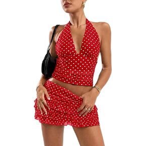 THLAI Women Polka Dot Outfits 2 Piece Skirt Sets Halter V-Neck Top and Ruffle Layered Mini Skirt Summer Y2k Vacation Outfits in Kuwait