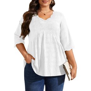 بلوزات بمقاسات كبيرة للنساء 3/4 قمصان بأكمام من الدانتيل وبلوزات برقبة على شكل حرف V بلوزات تونيك فضفاضة غير رسمية لارتدائها مع طماق in Kuwait