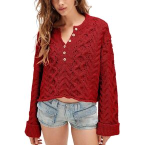 Lentta Womens Chunky Cable Knit Sweater Crewneck Long Sleeve Half Button Pullover Fall Winter Knitwear in Kuwait