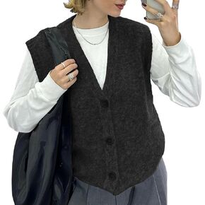 Women Oversized V Neck Button Down Knit Vest Casual Solid Loose Sleeveless Open Front Sweater Tank Streetwear in Kuwait