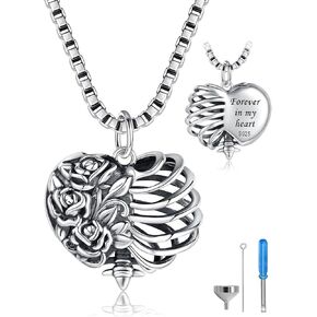Heart Shape Rose Rib Cage Urn Necklaces for Ashes 925 Sterling Silver-Gothic Cremation Jewelry Memorial Gifts for Women in Kuwait