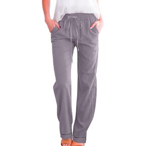 Women Linen Pants Elastic Waist Palazzo Summer Flowy Drawstring Trousers with Pockets Beach Travel Clothes in Kuwait