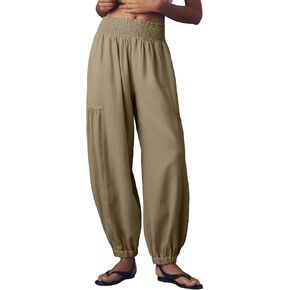 UANEO Womens Baggy Pants Pull On Cotton Linen Smocked Elastic Waist Tapered Relaxed Harem Trousers with Pockets in Kuwait