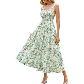 XinFSh Women's Summer Floral Boho Beach Wedding Guest Midi Dress Flowy A Line Lace Up Vacation Long Sundress with Pockets in Kuwait