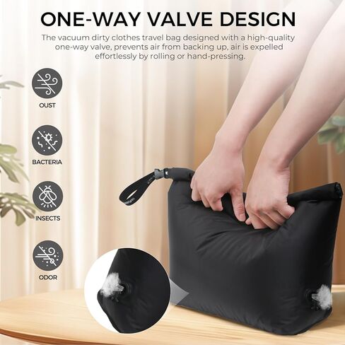 حقيبة غسيل مضغوطة للسفر، حقيبة توفير مساحة خالية من المضخات للملابس المتسخة، حقيبة جافة رطبة مقاومة للماء قابلة لإعادة الاستخدام، حقيبة غسيل للسفر للأمتعة والتعبئة وحقيبة السفر (قطعة واحدة) (أسود، كبير) in Kuwait