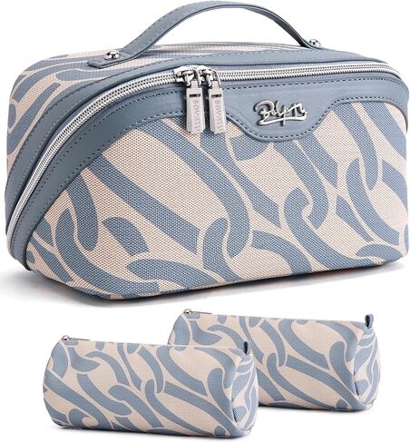 BOYATU Travel Makeup Bag for Women: Large Capacity 3-Piece Cosmetic & Toiletry Organizer - Expands Storage by 50% with 2 Detachable Pouches,Opens Flat for Easy Packing,Waterproof PU Leather(Blue) in Kuwait