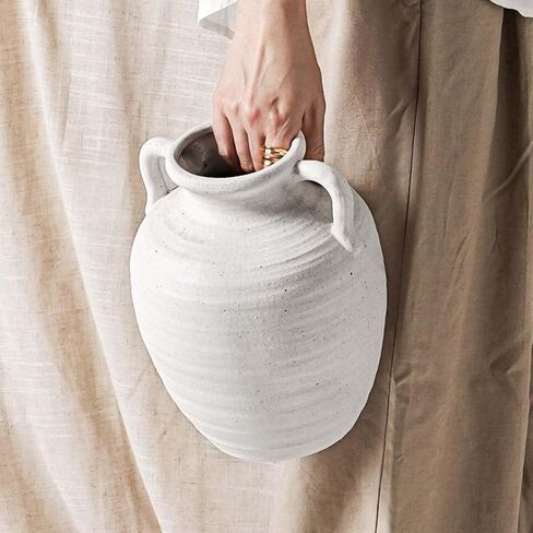 مزهرية سيراميك بيضاء كبيرة - مزهرية مزرعة ريفية مقاس 9.5 بوصة مع مقابض لديكور المنزل، مزهريات طويلة عتيقة لغرفة المعيشة والطاولة والحمام والعطلات وحفلات الزفاف (الحجر الرملي الأبيض) in Kuwait