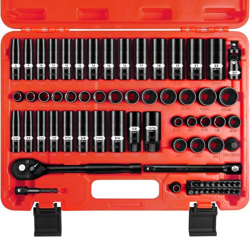 مجموعة مقابس محرك 3/8 بوصة، 72 قطعة معيار SAE (5/16 بوصة - 3/4 بوصة) ومتري (8-22 مم) مع شمعة إشعال، 6 نقاط عميقة وضحلة، مجموعة أدوات سقاطة مفتاح الربط 72T، Cr-V مع حقيبة تخزين شديدة التحمل in Kuwait