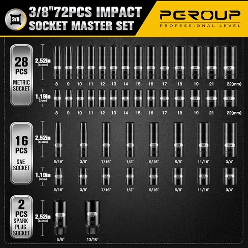 مجموعة مقابس محرك 3/8 بوصة، 72 قطعة معيار SAE (5/16 بوصة - 3/4 بوصة) ومتري (8-22 مم) مع شمعة إشعال، 6 نقاط عميقة وضحلة، مجموعة أدوات سقاطة مفتاح الربط 72T، Cr-V مع حقيبة تخزين شديدة التحمل in Kuwait