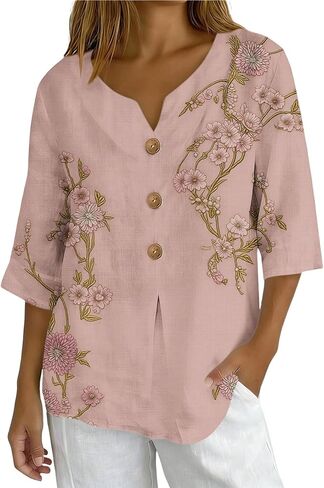 Linen Shirts for Women 2026 Casual Button Down 3/4 Sleeve Blouses Trendy Floral Print Tops Loose Summer Clothes in Kuwait