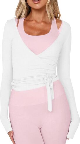Women Pilates Wrap Top Ballet Tie Workout Shirt Long Sleeve Cross Sexy Deep V Neck Yoga Coquette Blouses Y2k Active Gym in Kuwait