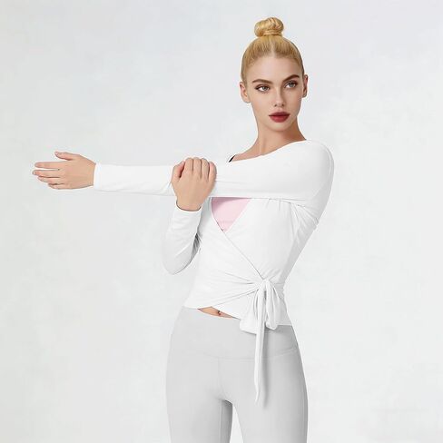 Women Pilates Wrap Top Ballet Tie Workout Shirt Long Sleeve Cross Sexy Deep V Neck Yoga Coquette Blouses Y2k Active Gym in Kuwait