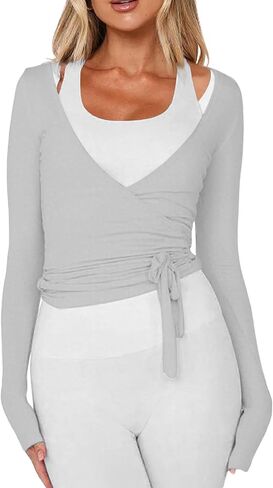 Women Pilates Wrap Top Ballet Tie Workout Shirt Long Sleeve Cross Sexy Deep V Neck Yoga Coquette Blouses Y2k Active Gym in Kuwait