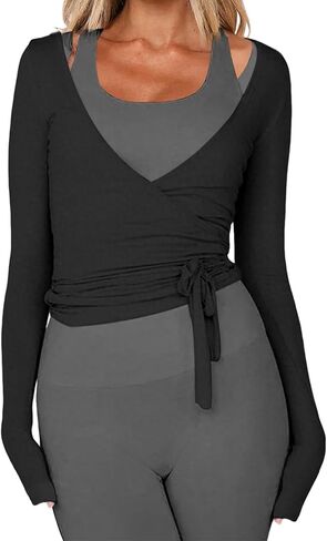 Women Pilates Wrap Top Ballet Tie Workout Shirt Long Sleeve Cross Sexy Deep V Neck Yoga Coquette Blouses Y2k Active Gym in Kuwait