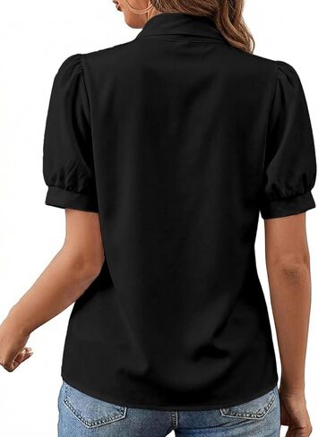 Women's Collar Bow Knot Button Down Short Sleeve Work Shirt Blouse Top in Saudi Arabia