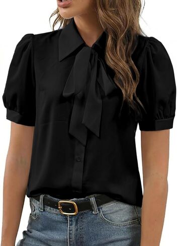 Women's Collar Bow Knot Button Down Short Sleeve Work Shirt Blouse Top in Saudi Arabia