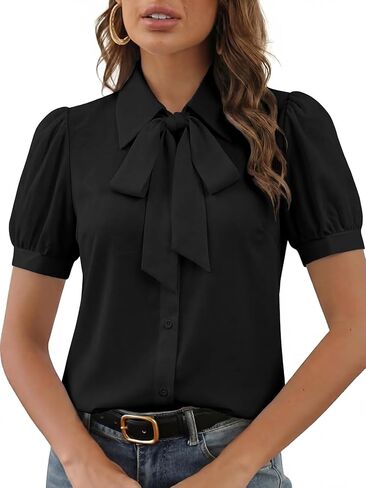 Women's Collar Bow Knot Button Down Short Sleeve Work Shirt Blouse Top in Saudi Arabia