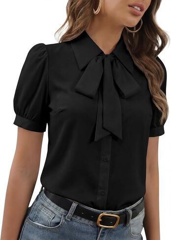 Women's Collar Bow Knot Button Down Short Sleeve Work Shirt Blouse Top in Saudi Arabia