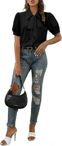 Women's Collar Bow Knot Button Down Short Sleeve Work Shirt Blouse Top in Saudi Arabia