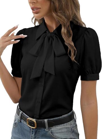 Women's Collar Bow Knot Button Down Short Sleeve Work Shirt Blouse Top in Saudi Arabia