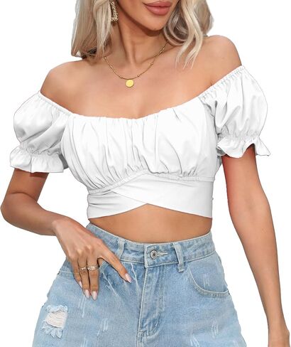 Women's Crop Tops Ruffle Short Sleeve Tie Back Summer Off Shoulder Top Blouse and Sexy Pleated Mini Skirts White XS in Kuwait
