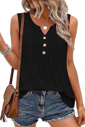 SAUKOLE Womens Summer Sleeveless Tank Top V Neck Buttons Pleated Shirts Dressy Casual Loose Tops Blouses in Kuwait