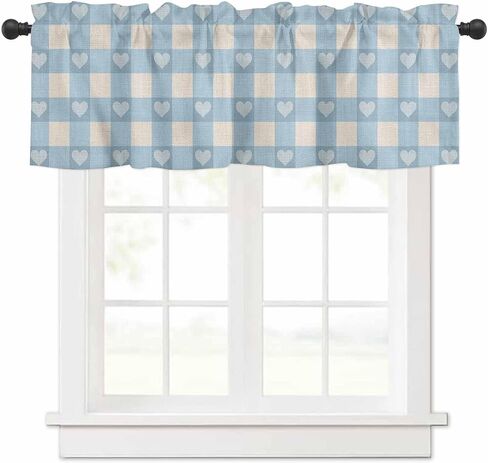 Blue Plaid Curtain Valance 54" x 18", Country Cute Love Pastoral Heart Lattice Window Valances Rod Pocket Curtains Drapes, Short Topper Curtain for Kitchen Cafe Living Room in Saudi Arabia