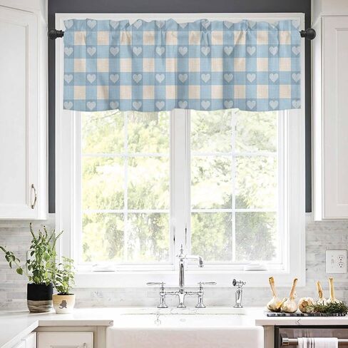 Blue Plaid Curtain Valance 54" x 18", Country Cute Love Pastoral Heart Lattice Window Valances Rod Pocket Curtains Drapes, Short Topper Curtain for Kitchen Cafe Living Room in Saudi Arabia