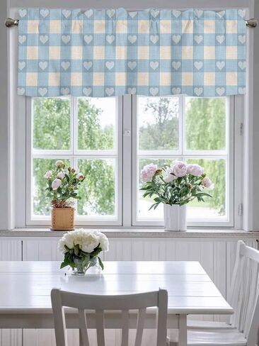 Blue Plaid Curtain Valance 54" x 18", Country Cute Love Pastoral Heart Lattice Window Valances Rod Pocket Curtains Drapes, Short Topper Curtain for Kitchen Cafe Living Room in Saudi Arabia