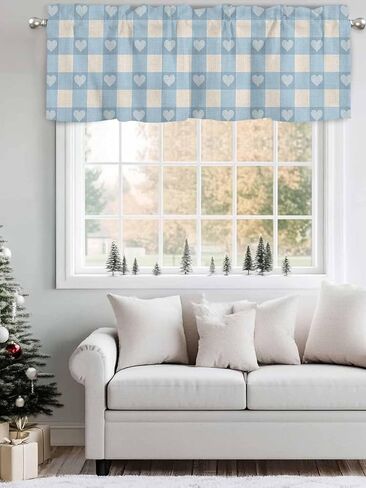 Blue Plaid Curtain Valance 54" x 18", Country Cute Love Pastoral Heart Lattice Window Valances Rod Pocket Curtains Drapes, Short Topper Curtain for Kitchen Cafe Living Room in Saudi Arabia