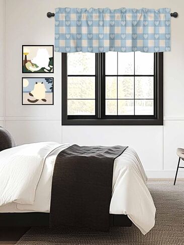 Blue Plaid Curtain Valance 54" x 18", Country Cute Love Pastoral Heart Lattice Window Valances Rod Pocket Curtains Drapes, Short Topper Curtain for Kitchen Cafe Living Room in Saudi Arabia