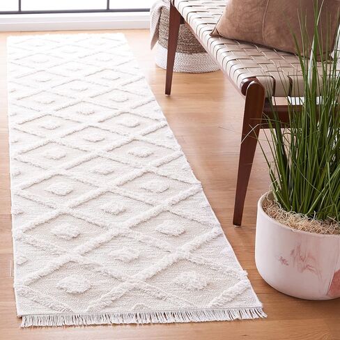 SAFAVIEH Augustine Collection Runner Rug - 2' x 7', Beige & Ivory, Moroccan Boho Trellis Textured Fringe Cotton Design, Ideal for The Living Room, Bedroom, Dining Room (AGT730B-27) in Saudi Arabia