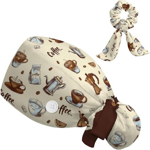 Scrub Caps Women Ponytail, Adjustable Surgical Caps with Buttons and Sweatband, Bouffant Hat with Hair Scrunchy, Nurse Hat, Working Cap, Coffee Print Latte Mocha Cute Lovely Kawaii Brown Cartoon Retro in Saudi Arabia