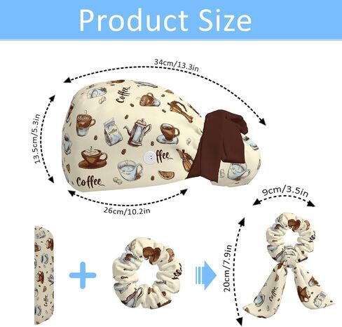 Scrub Caps Women Ponytail, Adjustable Surgical Caps with Buttons and Sweatband, Bouffant Hat with Hair Scrunchy, Nurse Hat, Working Cap, Coffee Print Latte Mocha Cute Lovely Kawaii Brown Cartoon Retro in Saudi Arabia