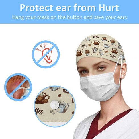 Scrub Caps Women Ponytail, Adjustable Surgical Caps with Buttons and Sweatband, Bouffant Hat with Hair Scrunchy, Nurse Hat, Working Cap, Coffee Print Latte Mocha Cute Lovely Kawaii Brown Cartoon Retro in Saudi Arabia