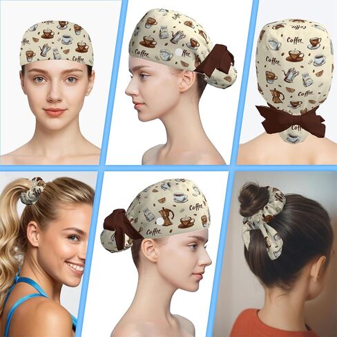 Scrub Caps Women Ponytail, Adjustable Surgical Caps with Buttons and Sweatband, Bouffant Hat with Hair Scrunchy, Nurse Hat, Working Cap, Coffee Print Latte Mocha Cute Lovely Kawaii Brown Cartoon Retro in Saudi Arabia