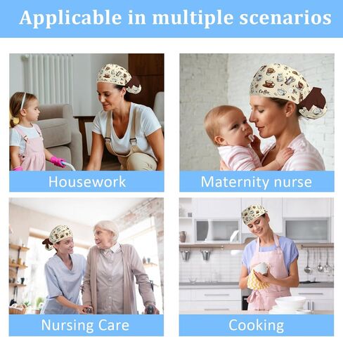 Scrub Caps Women Ponytail, Adjustable Surgical Caps with Buttons and Sweatband, Bouffant Hat with Hair Scrunchy, Nurse Hat, Working Cap, Coffee Print Latte Mocha Cute Lovely Kawaii Brown Cartoon Retro in Saudi Arabia