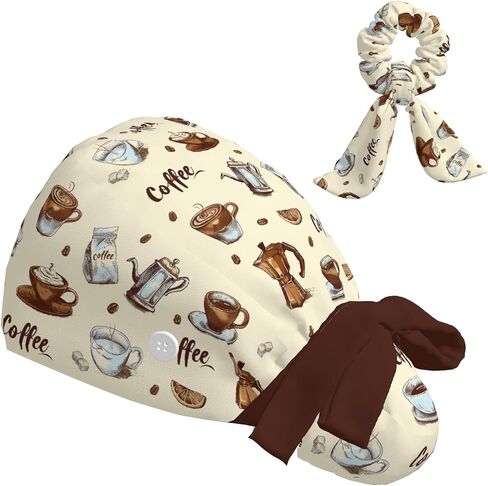 Scrub Caps Women Ponytail, Adjustable Surgical Caps with Buttons and Sweatband, Bouffant Hat with Hair Scrunchy, Nurse Hat, Working Cap, Coffee Print Latte Mocha Cute Lovely Kawaii Brown Cartoon Retro in Saudi Arabia
