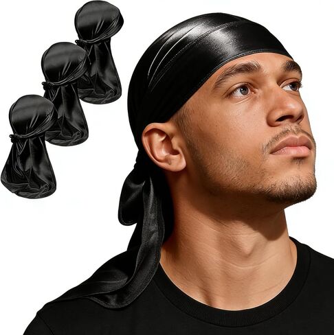 4 Pack Durags for Men, Thin Silk Durag, Satin Durag for Waves Sleeping Daily Use, Black in Saudi Arabia