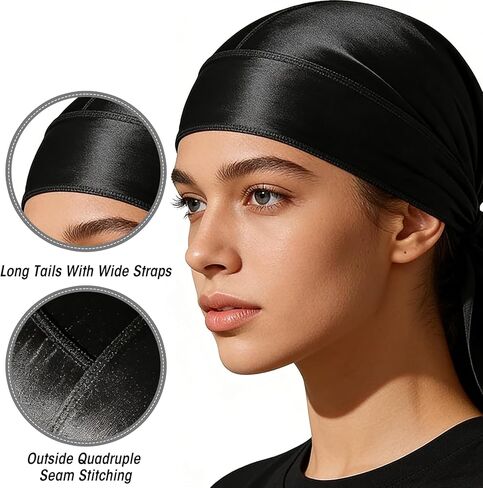 4 Pack Durags for Men, Thin Silk Durag, Satin Durag for Waves Sleeping Daily Use, Black in Saudi Arabia