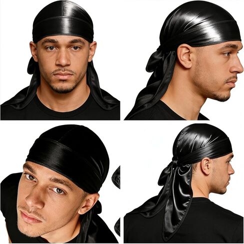 4 Pack Durags for Men, Thin Silk Durag, Satin Durag for Waves Sleeping Daily Use, Black in Saudi Arabia