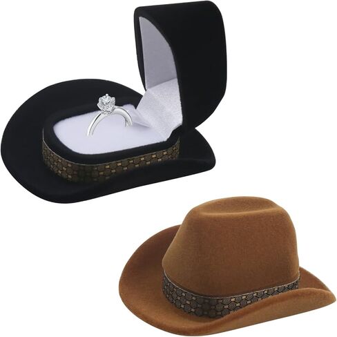 2 Pcs Cowboy Hat Ring Box Western Velvet Engagement Ring Boxes Jewelry Display Storage Case for Wedding Ceremony Brown&Black in Saudi Arabia