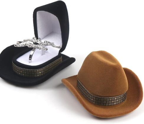 2 Pcs Cowboy Hat Ring Box Western Velvet Engagement Ring Boxes Jewelry Display Storage Case for Wedding Ceremony Brown&Black in Saudi Arabia