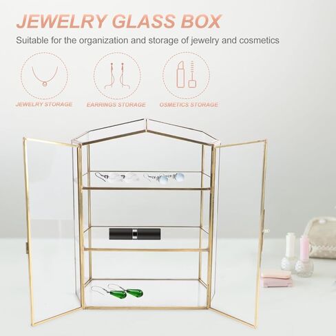 BESTOYARD 3-Layer Glass Jewelry Box - Golden Jewelry Storage Organizer with Structure for Home and Makeup Compact Size for Easy Storage in Saudi Arabia
