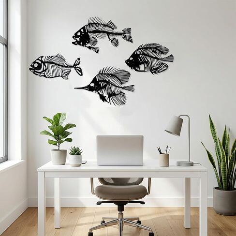 CONEHOY 4 Pcs Metal Wall Art Fish Sculpture Nautical Style Art Decor Black Hanging Metal Fish Bone Rustic Wall Decor for Home Living Room Bedroom Bathroom Office Window Indoor Outdoor in Kuwait